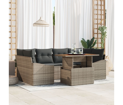 Juego de Comedor de Jardín de 7 Piezas con Cojines Gris Ratán Sintético Acacia
