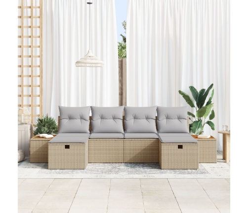 Conjunto de Sofá de Jardín  de 6 Piezas con Cojines Beige Ratán Poliéster