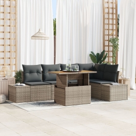 Juego de Comedor de Jardín de 6 Piezas con Cojines Gris Rattan Sintético Acacia