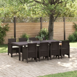 Conjunto de Comedor de Jardín de 9 Piezas con Cojines Marrón Poliratán