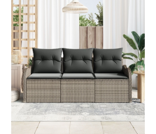Set de Sofá de Jardín de 3 Piezas  con Cojines Gris de Ratán Poli