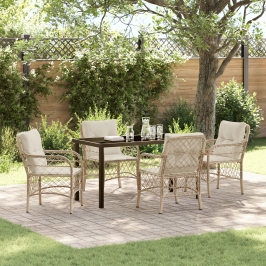 Juego de comedor de jardín de 5 piezas con cojines de poliratán beige