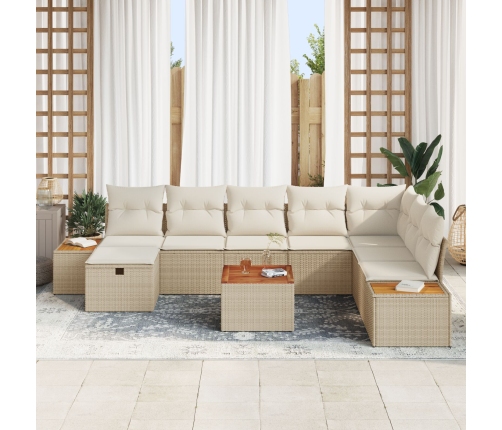 Conjunto de Sofás de Jardín de 9 Piezas con Cojines Beige Ratán Poliéster