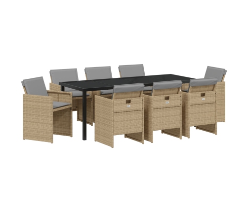 Juego de Comedor de Jardín de 9 Piezas con Cojines Ratán Poli Beige