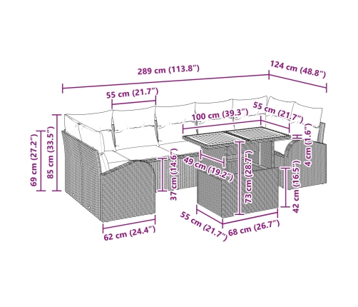 Conjunto de Comedor de Jardín de 8 Piezas con Cojines Negro de Rattan Polipropileno Acacia