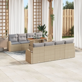 Conjunto de Comedor de Jardín de 9 Piezas con Cojines Beige Ratán Poliéster Acacia