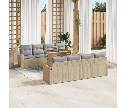 Conjunto de Comedor de Jardín de 9 Piezas con Cojines Beige Ratán Poliéster Acacia