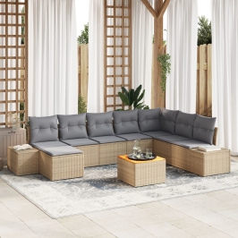 Conjunto de Sofá de Jardín de 9 Piezas con Cojines Beige Poliratán Acacia