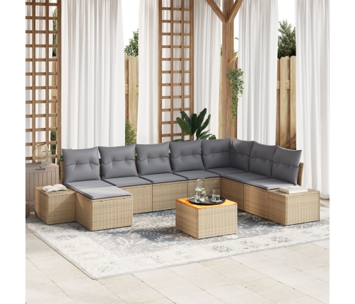 Conjunto de Sofá de Jardín de 9 Piezas con Cojines Beige Poliratán Acacia
