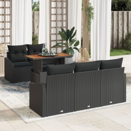 Conjunto de Comedor de Jardín de 6 Piezas con Cojines Negro Ratán Polietileno Acacia