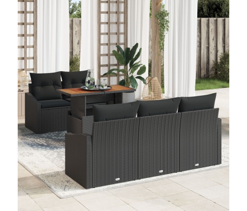 Conjunto de Comedor de Jardín de 6 Piezas con Cojines Negro Ratán Polietileno Acacia