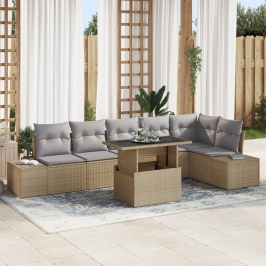 Conjunto de Sofá de Jardín de 7 Piezas con Cojines de Ratán Poliéster Beige