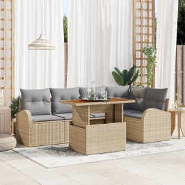 Juego de Comedor de Jardín de 6 Piezas con Cojines Poliratán Beige Acacia