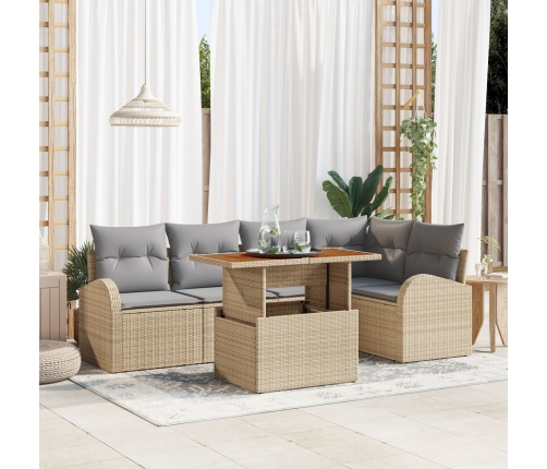 Juego de Comedor de Jardín de 6 Piezas con Cojines Poliratán Beige Acacia