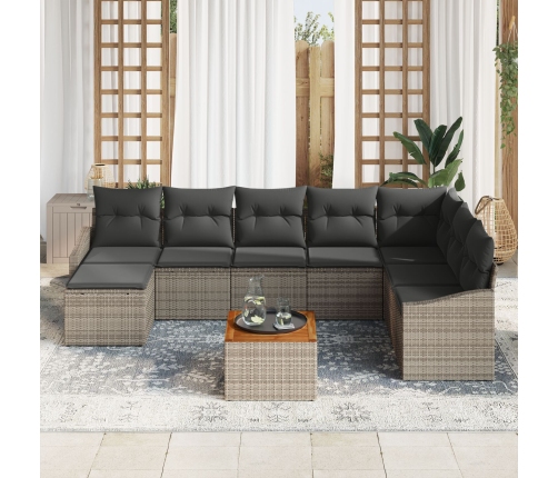 Conjunto de Sofá de Jardín  de 9 Piezas con Cojines Gris Polirrátan Acacia