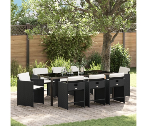 Conjunto de Comedor de Jardín de 9 Piezas con Cojines de Poliratán Negro