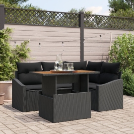 Conjunto de Comedor de Jardín de 5 Piezas con Cojines de Poliratán Negro de Acacia