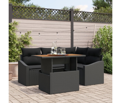 Conjunto de Comedor de Jardín de 5 Piezas con Cojines de Poliratán Negro de Acacia