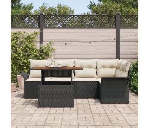 Conjunto de Comedor de Jardín de 6 Piezas con Cojines Negro Ratán Polimérico Acacia