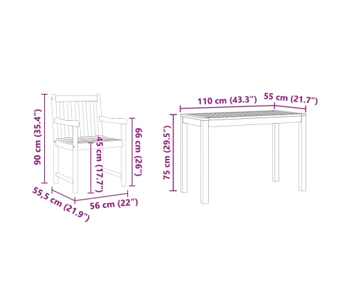 Conjunto de comedor para el jardín de 3 piezas  de madera maciza de acacia