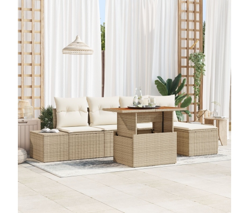 Juego de Comedor de Jardín de 6 Piezas con Cojines Beige Ratán Poliéster