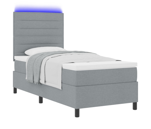 Cama Box Spring con Colchón y Luz LED Gris Claro 100x200 cm Tela