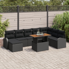 Conjunto de Comedor de Jardín de 9 piezas con Cojines Negro Poliratán Acacia