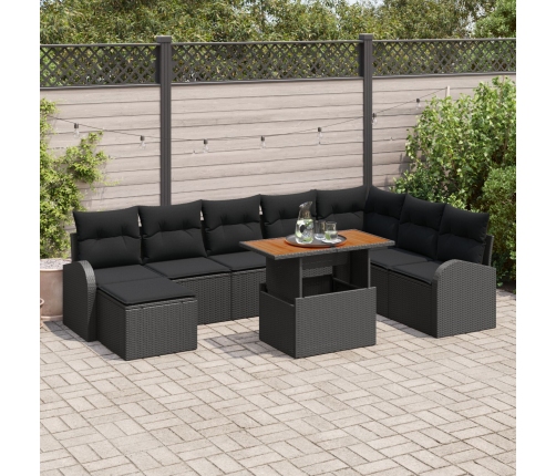 Conjunto de Comedor de Jardín de 9 piezas con Cojines Negro Poliratán Acacia