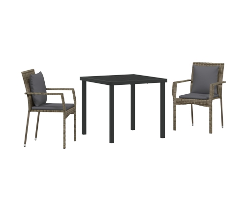 Set de Comedor de Jardín de 3 Piezas con Cojines Gris Poliratán