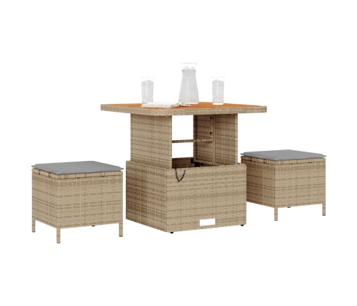 Conjunto de Comedor para Jardín de 3 Piezas con Cojines Beige de Ratán Polímero y Acacia