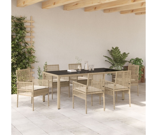 Set de Comedor de Jardín de 7 Piezas con Cojines Beige de Poliratán