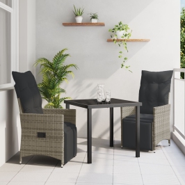 Set de Comedor de Jardín de 3 Piezas con Cojines Gris Poliratán