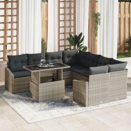 Conjunto de Sofá de Jardín  Set de 9 Beige Ratán, vidrio, tela