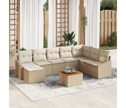 Set de Sofás de Jardín  de 9 Piezas con Cojines Beige Ratán Poliéster Acacia