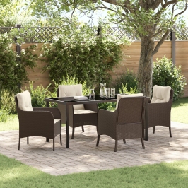 Juego de Comedor de Jardín  de 5 Piezas con Cojines Marrón Poliratán