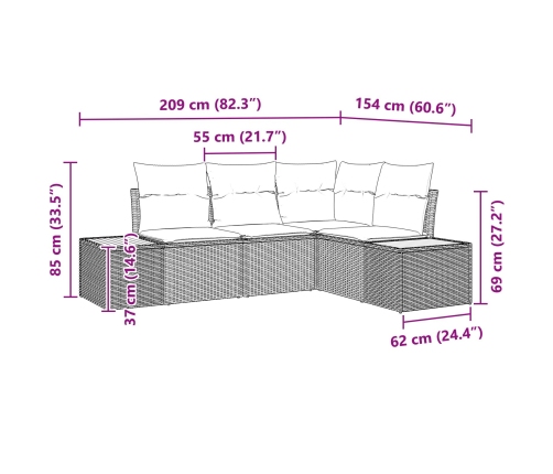 Conjunto de Sofá de Jardín de 4 Piezas con Cojines Beige Poliratán Acacia