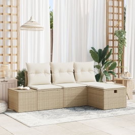 Conjunto de Sofá de Jardín de 4 Piezas con Cojines Ratán Plástico Beige