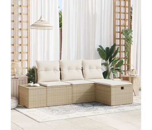 Conjunto de Sofá de Jardín de 4 Piezas con Cojines Ratán Plástico Beige