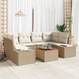 Conjunto de Sofá de Jardín  de 7 Piezas con Cojines Beige de Poliratán Acacia