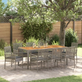 Conjunto de Comedor de Jardín de 9 Piezas con Cojines Gris Ratán Poliéster