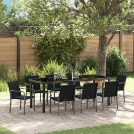 Set de Comedor para Jardín de 9 Piezas con Cojines de Ratan de Poliéster Negro