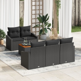 Conjunto de Sofá de Jardín  de 6 Piezas con Cojines Negro Poliratán Acacia
