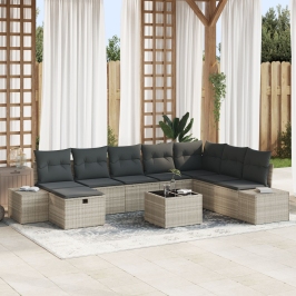 Conjunto de Sofá de Jardín  de 9 Piezas con Cojines de Rattan Polimérico Gris Claro