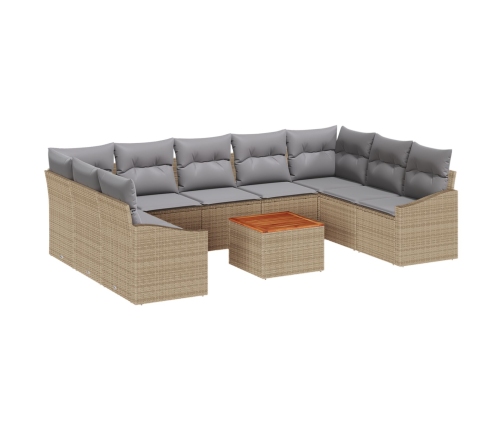 Juego de Sofá de Jardín de 10 Piezas con Cojines Beige Poliratán Acacia