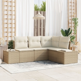 Conjunto de Sofá de Jardín de 4 Piezas con Cojines Beige Poliratán