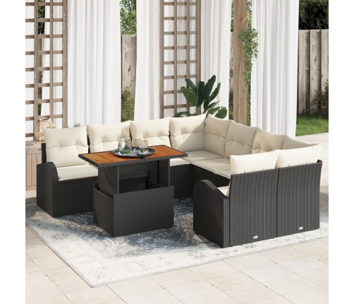 Conjunto de Comedor de Jardín de 9 Piezas con Cojines Negro de Ratán Sintético Acacia
