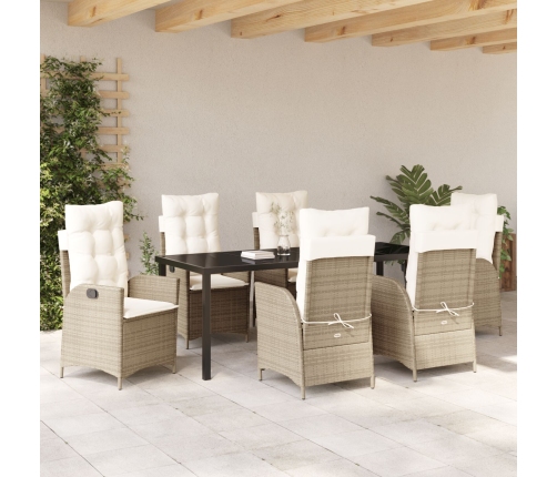 Juego de Comedor de Jardín de 7 Piezas con Cojines Beige Ratán Poli