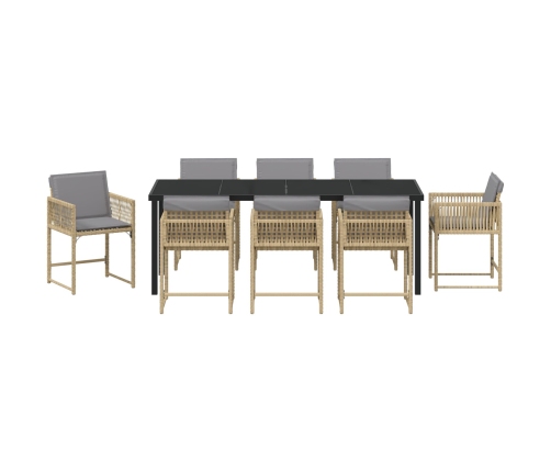 Conjunto de Comedor de Jardín  de 9 Piezas con Cojines Beige Ratán Poliéster