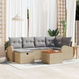 Juego de Sofá de Jardín de 7 Piezas con Cojines Beige Poliratán