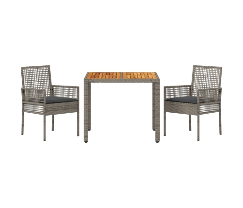 Juego de Comedor de Jardín de 3 Piezas con Cojines Gris Poliratán